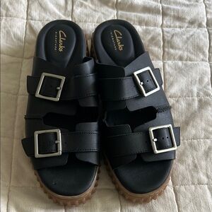 Clarks Black Slide Sandals with Buckles